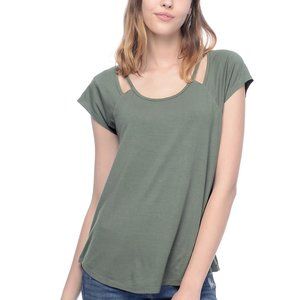 almost famous shoulder cut out olive top